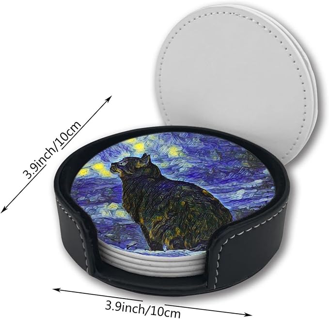 Cat Art Coasters for Drinks with Holder Leather Coasters Set of 6 for Coffee Table
