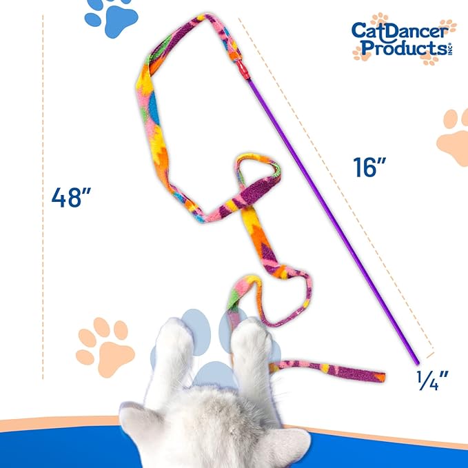 CAT DANCER Products Cat Charmer Interactive Cat Toy, Safe Teaser Wand, Colorful Fabric Ribbon Safe Flexible Exercise Toy, 2-Pack, Multi-Color, Pattens Vary