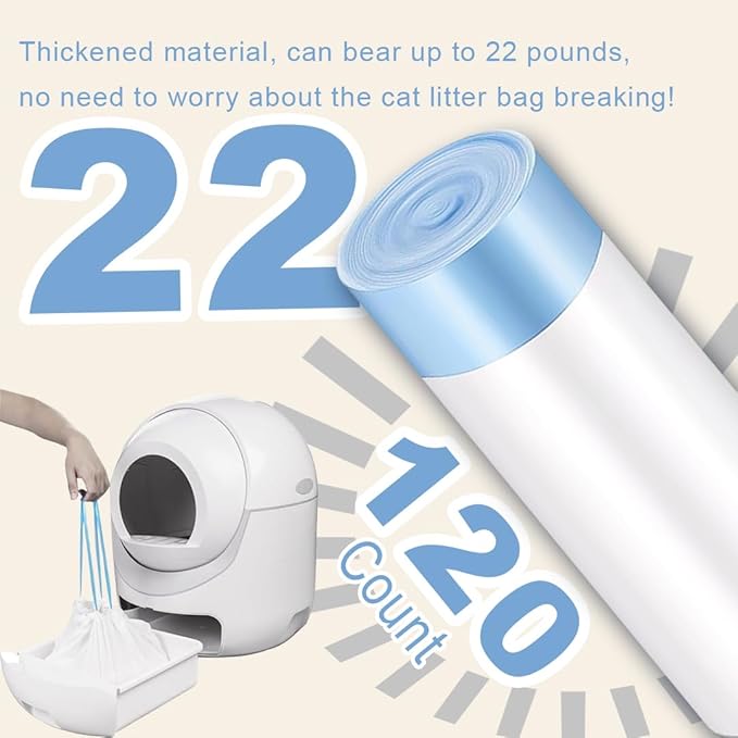 120 Pack Cat Litter Bags with Drawstring, Self Cleaning Litter Robot Waste Bags Compatible with Litter Robot 3 & 4, 10-12 Gallons