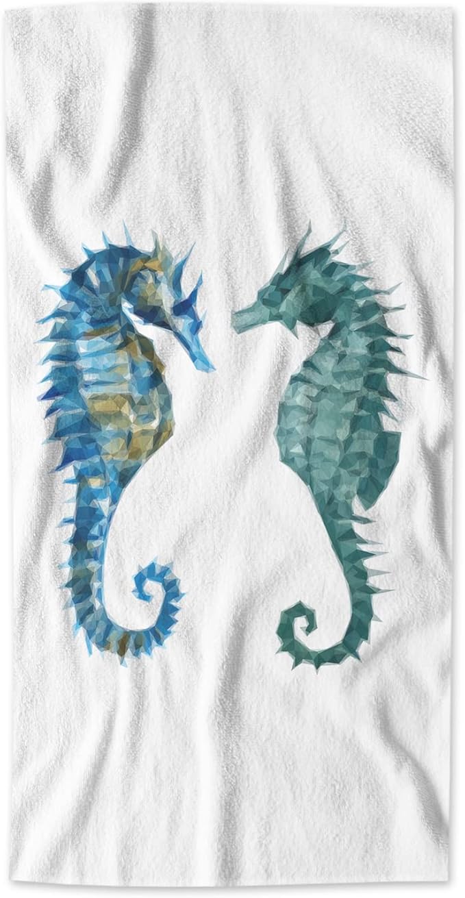 AOYEGO Seahorse Bath Towels Blue Green Sea Horses Polygon Triangles Kitchen Hand Towels Bathroom Decor Soft Beach Microfiber Hair Towels 15x30 Inch