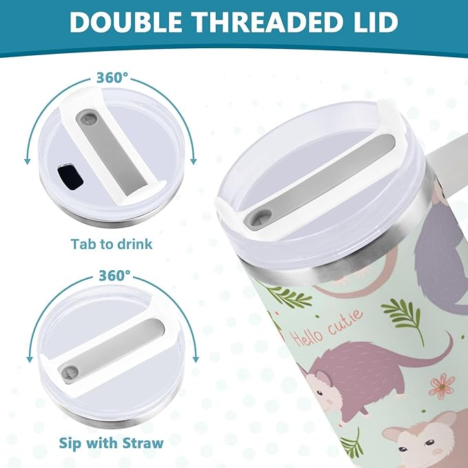 Boccsty Possums Cute Animal Insulated Tumblers Reusable Stainless Steel Tumbler 40 oz Cup Coffee Travel Mug Water Bottle with Handle & Flip Straw for Home Office Car