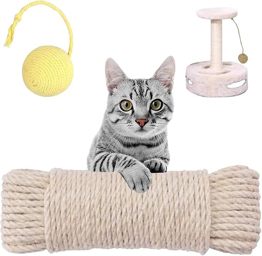 Multicolor Natural Hemp Rope, Cat Scratching Posts Replacement Rope,Repair and Replace Scratching Post cat Tree, 1/4" Rope Cat Scratch Post DIY Jute Twine,Come with a Play Ball.(164FT, White)
