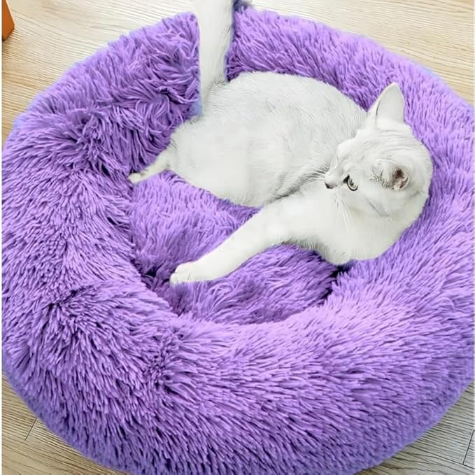 Cat Beds for Indoor Cats - Cat Bed Washable 20/24 inches, Dog Beds for Small Medium Dogs, Anti Anxiety Round Fluffy Plush Faux Fur Cat Bed, Thick Bottom (Purple, Medium)