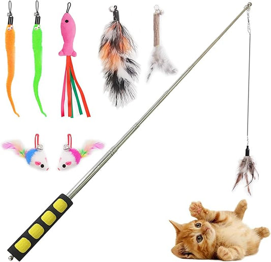 Cat Fishing Pole for Indoor Cats,Interactive cat Toys with Colorful Feather and Bell. (Yellow)