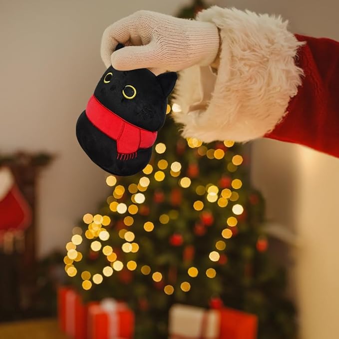 Black Cat with Scarf Stuffed Animal Plush Toy Creative Cat Shape Soft Pillow Toys Gifts Cute Dolls for Girlfriend Kids Baby Girls, 22cm/8.6in