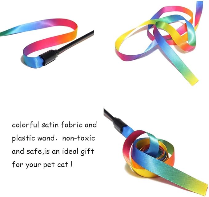 KABASI Cat Wand Rainbow Toy, 3 Styles Funny Interactive Cat Toys, Cuddly Stuffed Snake Cat Toy on Stick with Bell, Colorful Sounding Toys, Rainbow Ribbon Wand for Kittens Training