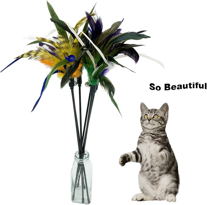 Cat Wand Toy Feather Stick Cat Toys, 6 PCS Cat Toy Feather Wand for Indoor Cats Play Exercise