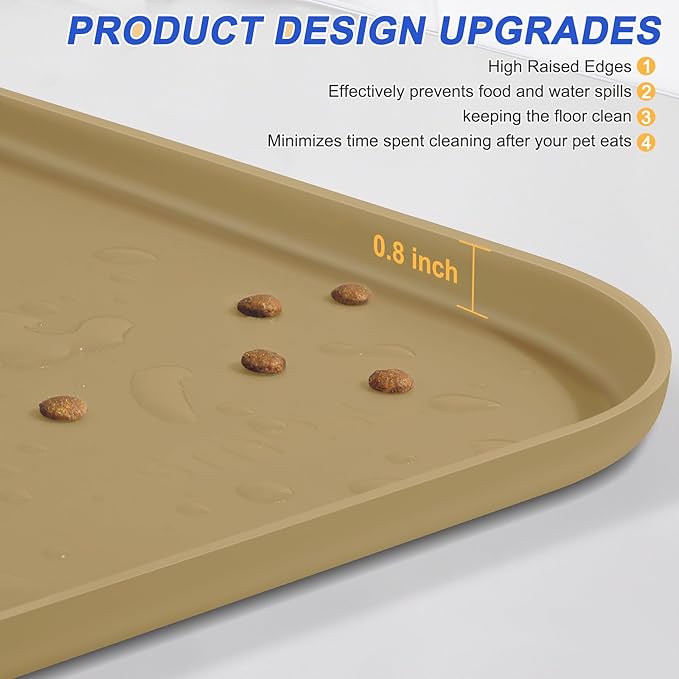Silicone Pet Feeding Mat with Raised Edge for Food and Water, Dog Bowl Mats, Cat Bowls Placemat with High Lip for Floor Waterproof, Rubber Tray for Cats and Dogs 24 x 16 x0.8 Beige