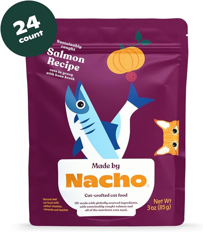 Made by Nacho Wet Cat Food, Cuts in Gravy, Sustainably-Caught Salmon with Bone Broth for Extra Hydration, (24) 3 oz. Pouches, Limited Ingredients