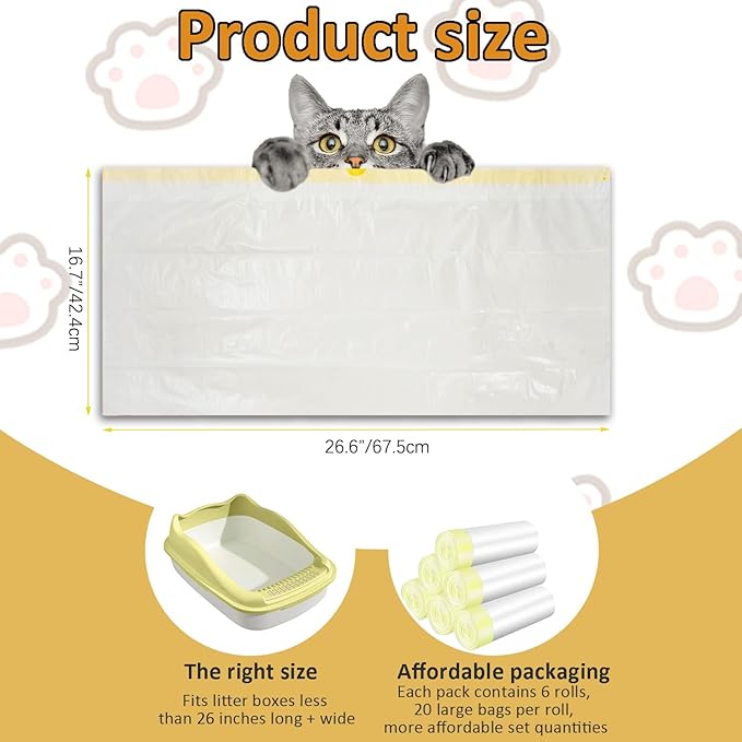 120-Count Cat Litter Box Liners with Drawstring, Compatible with Litter-Robot 3/4, 26.6”X16.7” 2 Mil Thicker Cat Litter Trash Bags, Leak-Proof and Tear-Resistant (26.6”X16.7” 120-Count)