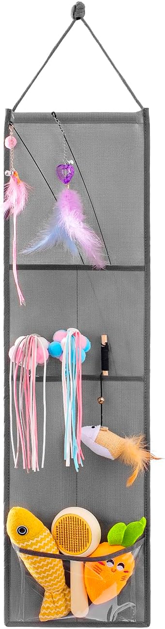 Hanging Cat Wand Holder Kitten Stick Toy Storage Bag Cat Accessories Organizer for Indoor Cats (Fabric Pockets)