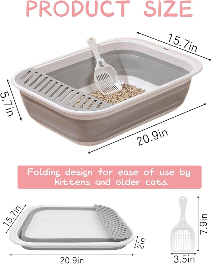 BNOSDM Large Cat Litter Box for Senior Cat - Foldable Kittens Travel Litter Box with Scoop Collapsible Cat Toilet Open Shallow Cats Potty Pan for Sick Disabled Older Cats Grey