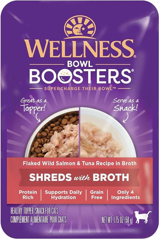 Wellness Bowl Boosters Grain Free Wet Cat Food Topper, Flaked Salmon & Tuna Recipe in Broth, 1.75 Ounce Pouches (Pack of 12)