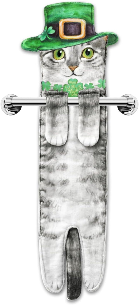 St Patrick Day Cat Hand Dish Towels- Shamrock Garland St Patricks Day Decorations Decor for Home Kitchen Bathroom-Mothers Day Housewarming Birthday Gifts for Women Cat Lovers