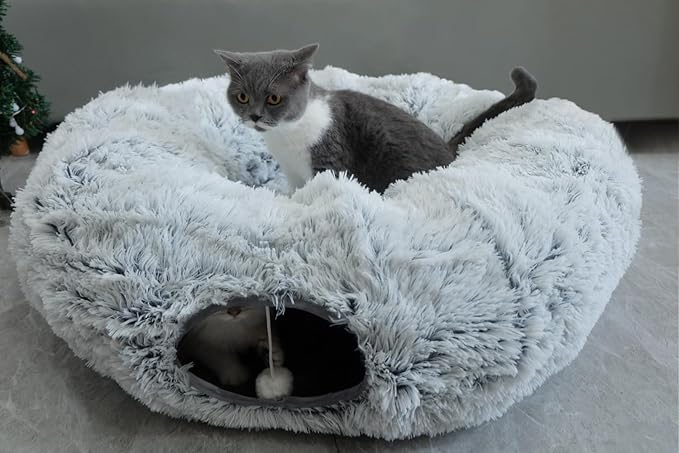 Plush Cat Tunnel Bed with Central Mat for Indoor Cat Kitten Puppy Rabbit,Under Christmas Tree Soft Plush Cat Play Tunnel, Peephole and Hanging Ball