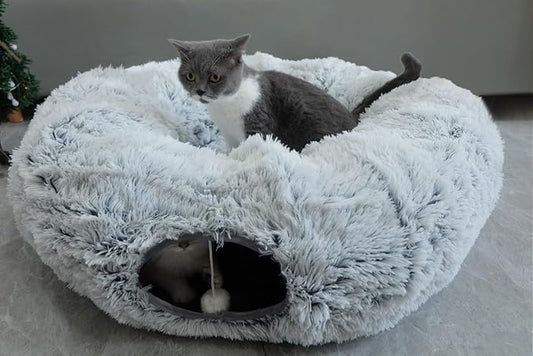 Plush Cat Tunnel Bed with Central Mat for Indoor Cat Kitten Puppy Rabbit,Under Christmas Tree Soft Plush Cat Play Tunnel, Peephole and Hanging Ball