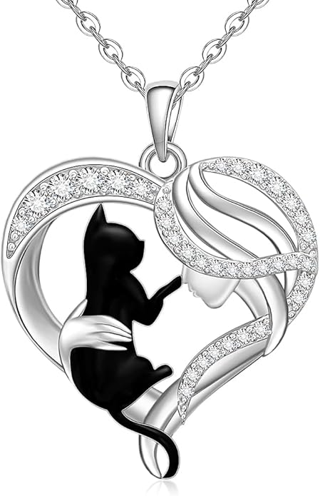 Black Cat Necklace for Women 925 Sterling Silver Cat Necklace Heart Cat Necklaces Pendant Halloween Christmas Gifts