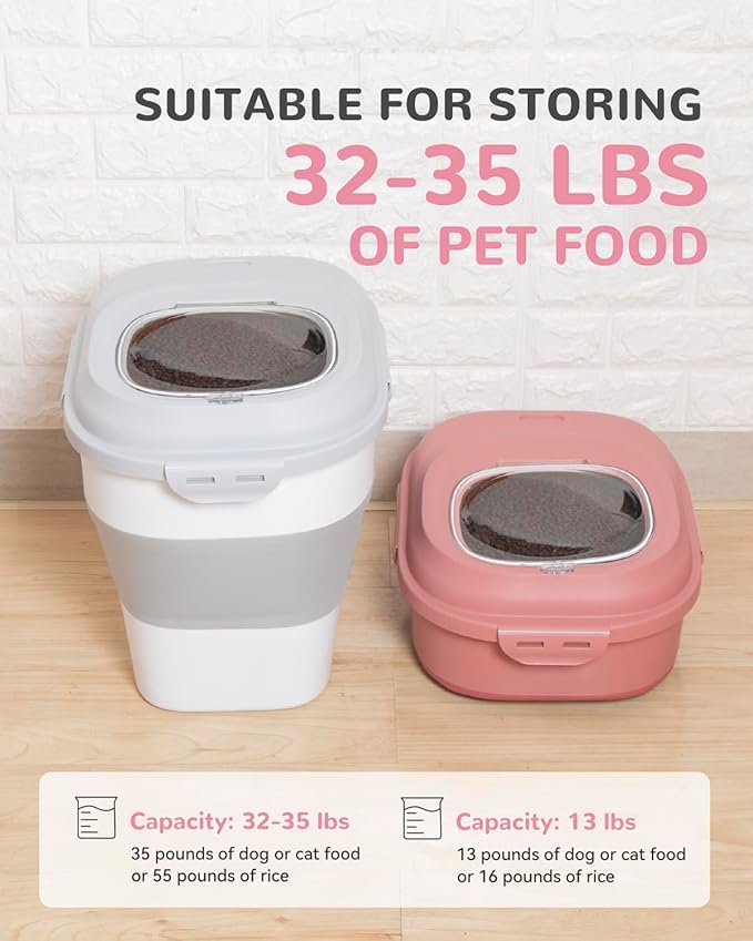 30-35 Lbs Dog Food Storage Container Collapsible Dog Food Container with Airtight Lids, Wheels, Scoop and 2pcs Food Storage Containers, Large Pet food storage for Dog, Cat (Pink)