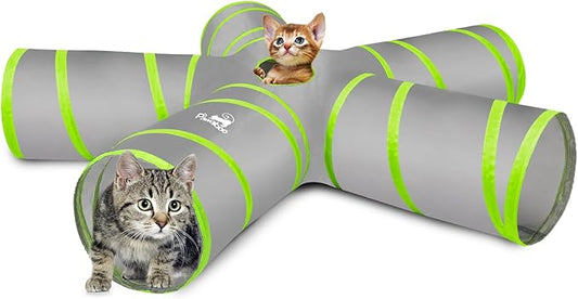 Pawaboo Cat Toys, Cat Tunnel Tube 5 Way Tunnels 25x53cm Extensible Collapsible Cat Play Tent Interactive Toy Maze Cat House with Balls and Bells for Cat Kitten Kitty Rabbit Small Animal, Grey+Green