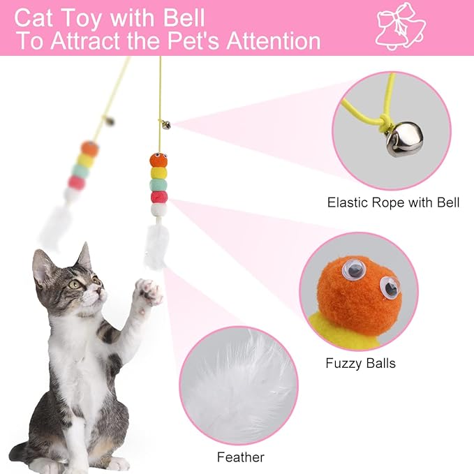 Cat Toys for Indoor Cats, Interactive Cat Toy Wand Kitten Toys to Play Chase Exercise Cat String Pet Puzzle Toy for Cats Kittens, 2pcs