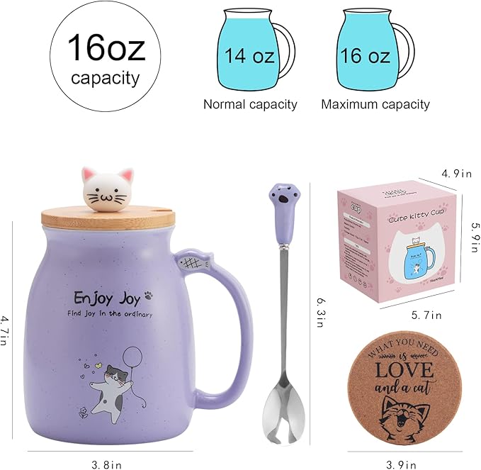 Bgbg Cute Cat Mug - Novelty Ceramic Coffee Cup With Kawaii Wooden Kitty Lid, Lovely Claw Spoon, Anime Coaster - Christmas Birthday Gifts for Women, Cat Lovers, Girls, Kids - 480ML