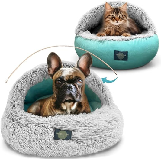 TrustyTailz Cozy Cave Dog Bed and Cat Cave Bed with Hooded Cover, Snap-in Frame, Washable and Removeable, Plush Grey Fluffy Cover Indoor Cats or Small Dog Beds, Non-Slip Base (Medium)