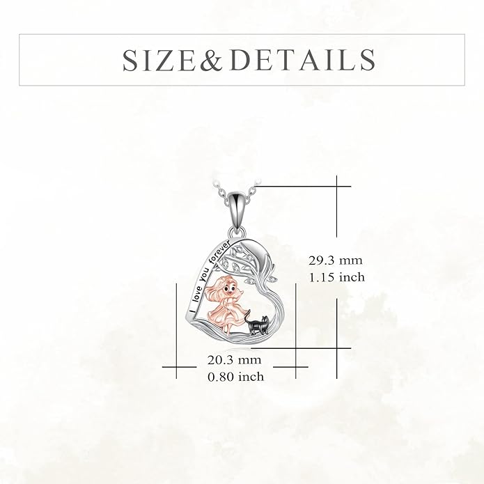 Alice in Wonderland Necklace Sterling Silver Alice Rabbit/Cat Heart Pendant I Love You Forever Jewelry Gift for Women