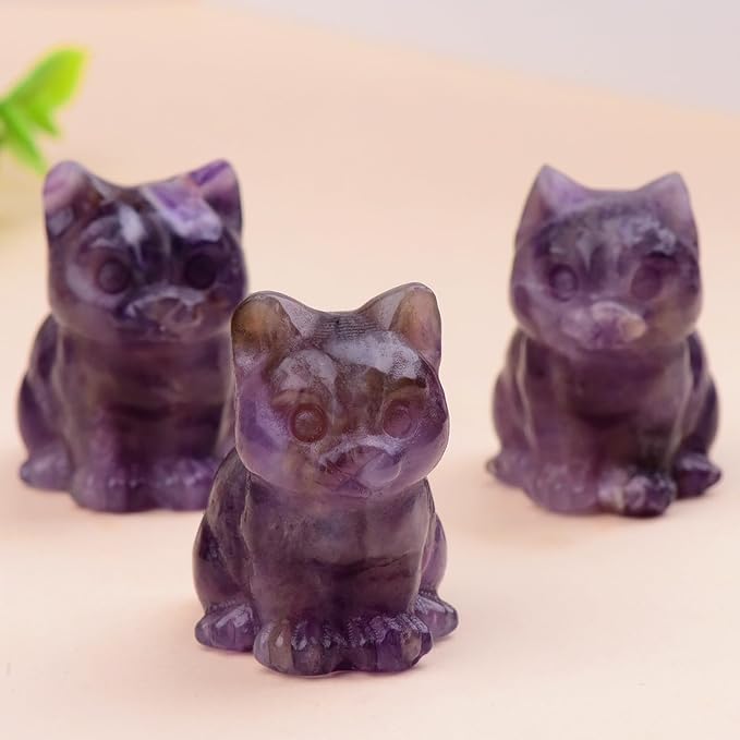 Amethyst Cat Crystal Statues, Healing Crystal Kitty Figurine Decorations, Purple Cat Gift Lucky Cute Kitten Figurines, Handcrafted Crystal Figurine for Home Décor and Spiritual Protection