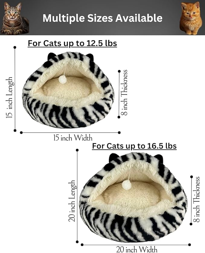 Hooded Plush Cat Bed Cave, Comfy for Indoor Cats, Calming Soft Faux Fur, Anti-Anxiety Plush Hooded Cat Cave with Fluffy Hanging Ball, Washable Anti-Slip, Playful Cat Bed(Black/White, M)