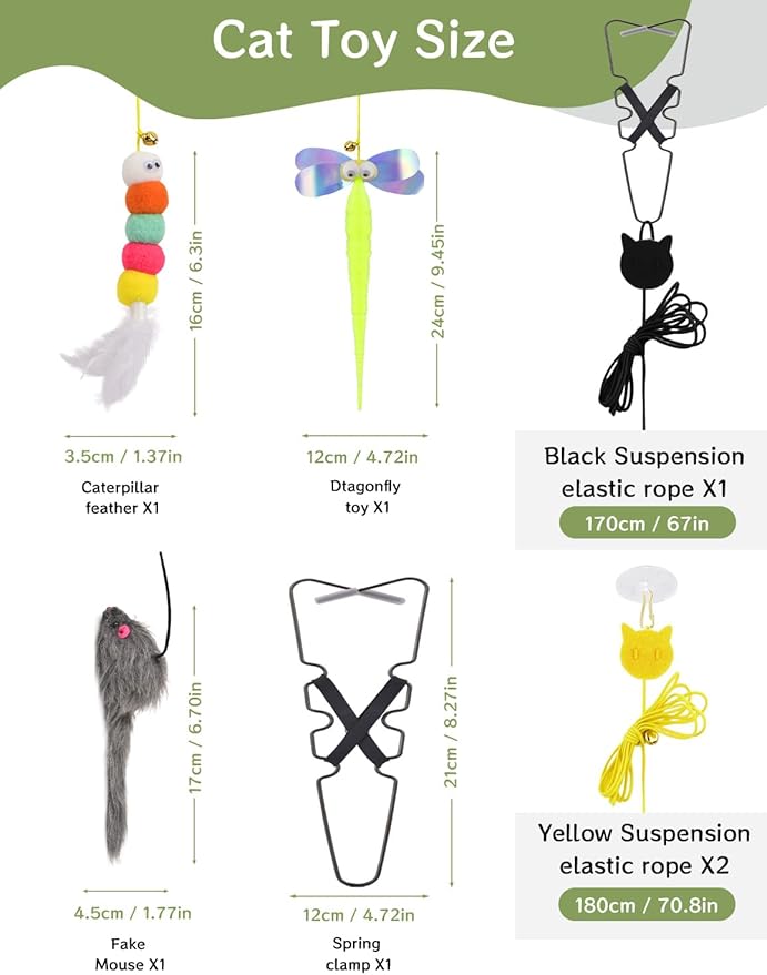 Hanging Interactive Cat Toy for Indoor Cats, 3 Pack Retractable Cat Feather Toy Kitten Toys with Bell/Elastic Rope/Adjustable Buckle for Play Chase Exercise Teaser