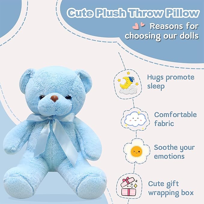Blue Teddy Bear Stuffed Animals 13.4 inch Soft Small Teddy Bear Cute Cuddly Stuffed Plush Toys for Birthday Valentine’s Day Wedding Graduation Party