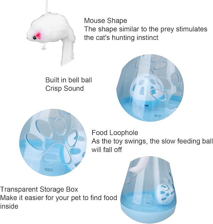 EVTSCAN Cat Roly Poly Toy Cat Built in Bell Ball Interactive Snack Toy with Plush Mouse Cat Stick for Indoor Cats Kittens(Blue)