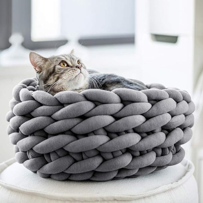 Lucky Monet Cat Basket Bed Cotton Knitted Round Pet Beds for Cats Cute Boho Cat Pet Bed Warm Woven Cat Nest for Puppy Kitten Cats Dogs (15.7", Dark Gray)