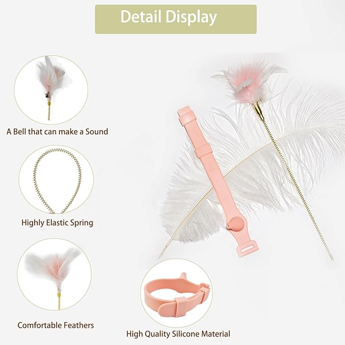 Cat Collar with Feather Toy Attached Interactive Cat Feather Wand Toy Kitty Teaser Toy Cat Neck Toy Hands Free Teasing Wand Feather Silicone Adjustable Collar for Indoor Cat Exercise