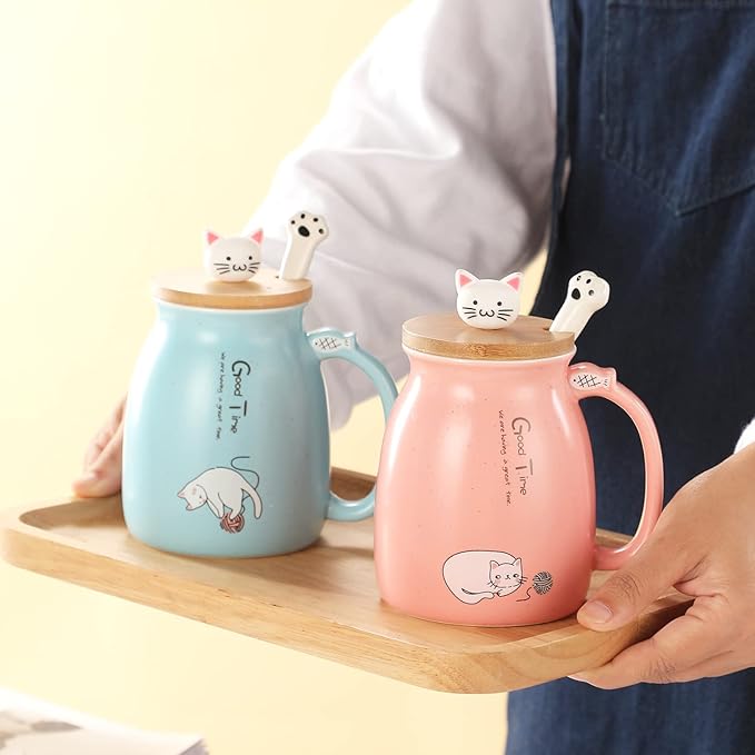 BigNoseDeer Kawaii Tea Cup with Infuser Cute Cat Mug Ceramic Coffee Mug Tea Mug Pink Cute Cool Preppy Stuff Gifts for Women Cat lover Gifts 13oz