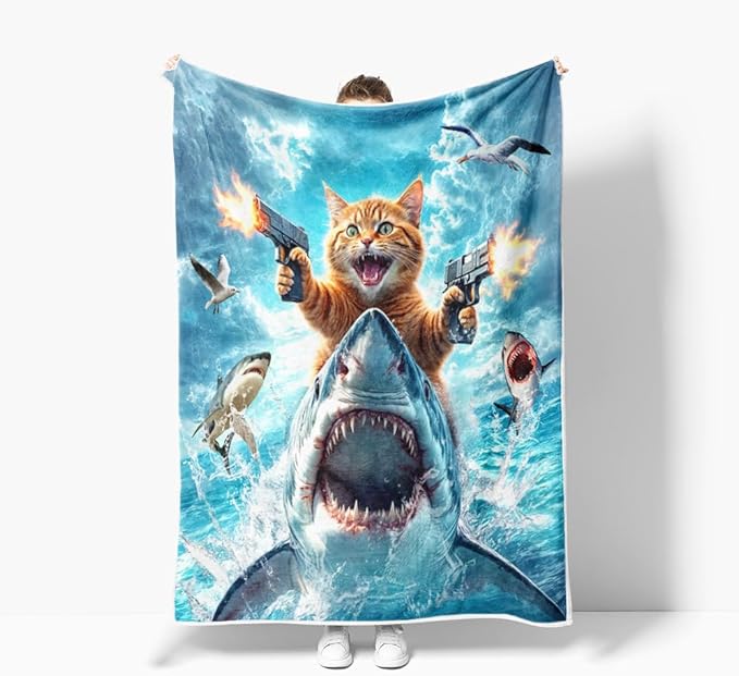 Cute Cat Throw for Kids, Cool Kitty Riding Shark on Blue Grey Ocean Fleece Throw Blanket Cozy Soft Lightweight Couch Sofa Bed,Blue Blankets Bedding Gifts for Girls Boys Teens Cute Throw Blanket
