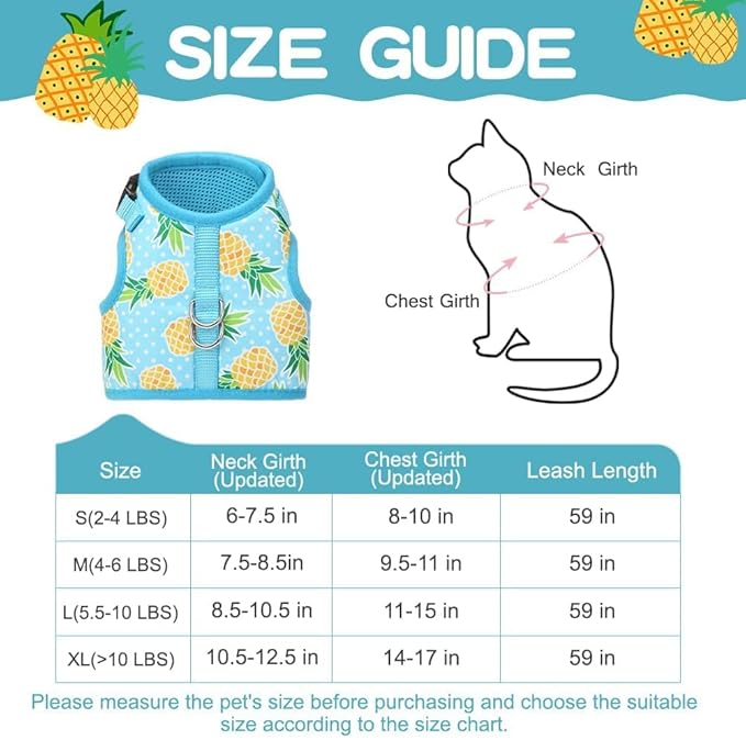 BINGPET Cat Harness - with Leash Included - Mesh Cat Dog Walking Harness Adjustable Harness for Kitties Puppy Harness Adjustable Cat Vest Harness Small Pineapple
