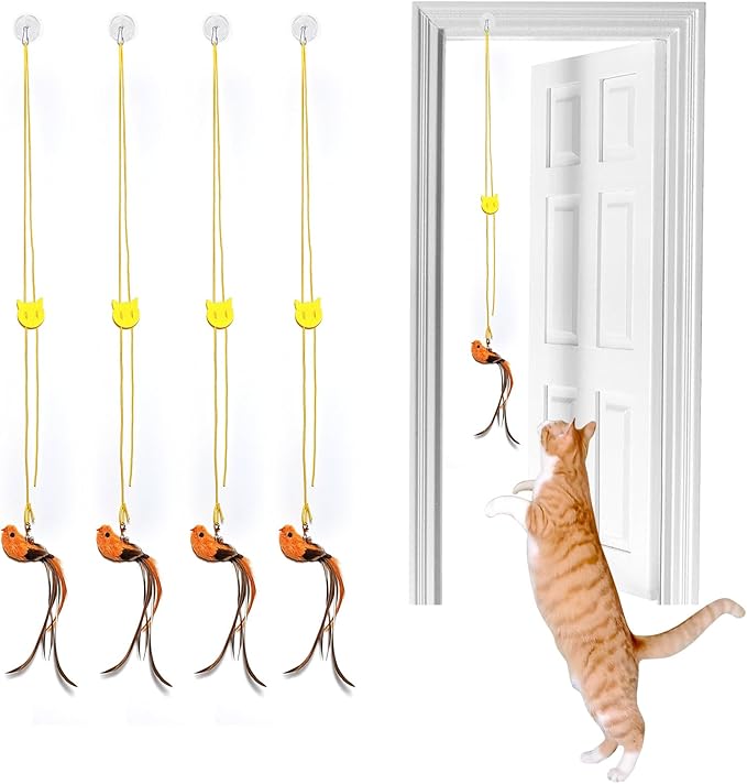 Door Hanging Cat Toy,Cat Toy for Indoor Cats,Cat Wand Toy Refill, Interactive Bird Simulation Cat Toy Set, Feather Cat Toys Bird, Cat Toy Wand Replacement Attachments,Cat String Toy(4 Bird)