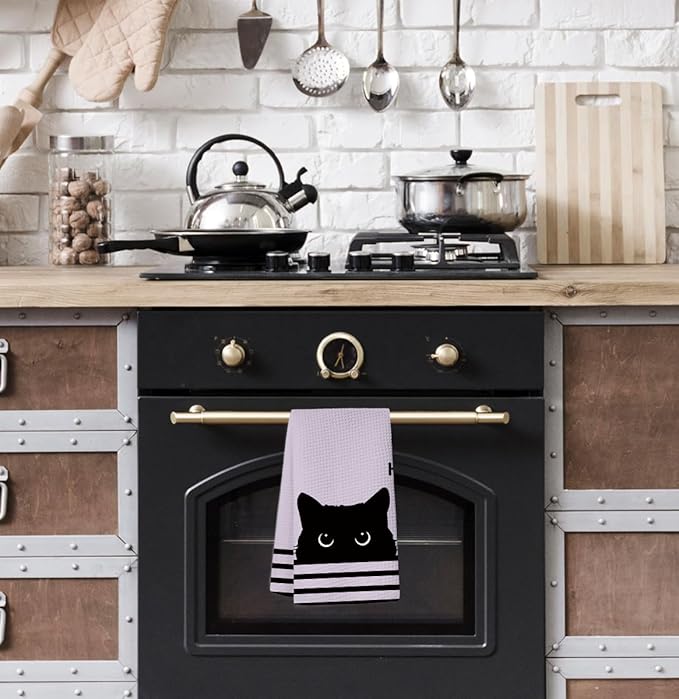 Black Cat Waffle Kitchen Towels, Gifts for Cat Lovers Moms Dish Tea Towels for Kitchen,Decorative Hand Towels for Bathroom Guest Room Decor, 16x24 Inch (Puple)