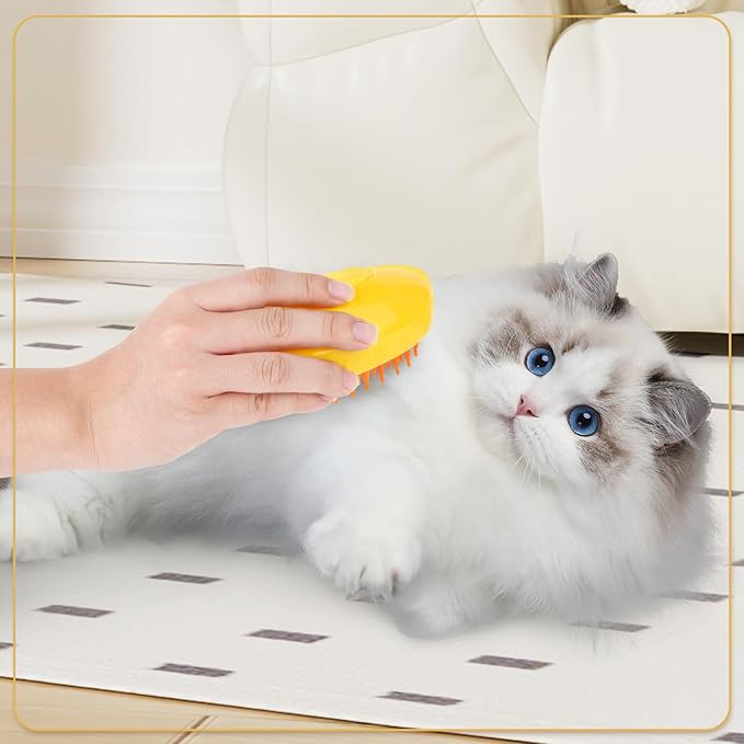 3 in 1 Steam Brush for Indoor Pets - Cat Hair Cleaning and Massage Brush Comb for Cats and Dogs (Yellow)