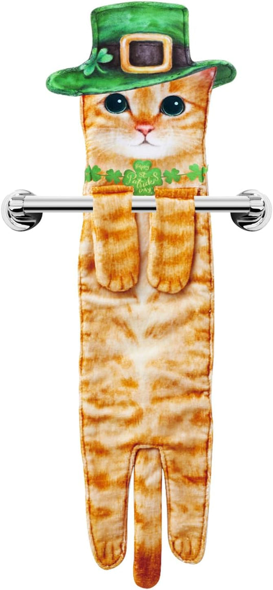 St Patrick Day Cat Hand Dish Towels- Shamrock Garland St Patricks Day Decorations Decor for Home Kitchen Bathroom-Unique Housewarming Mothers Birthday Gifts for Women Cat Lovers