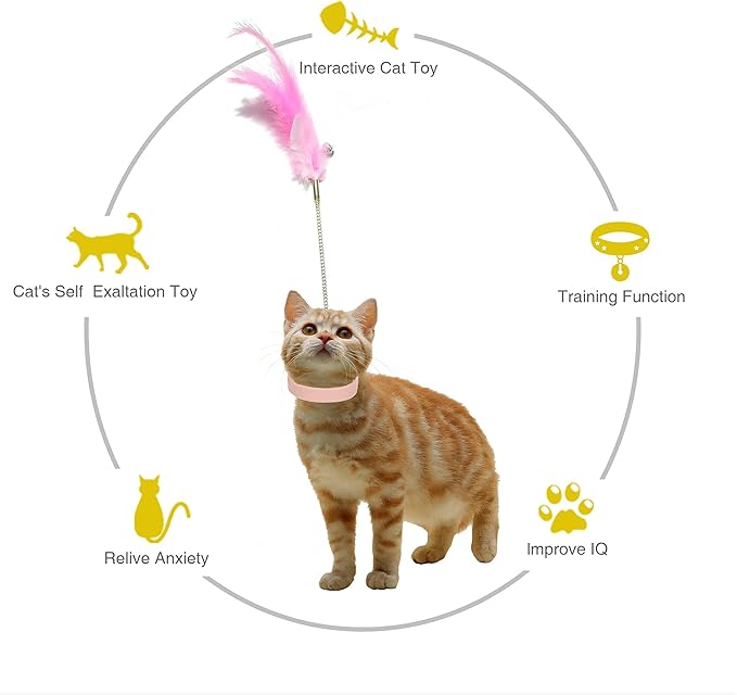 Cat Collar Funny Cat Stick,Interactive Cat Feather Toys with Bell,Pink Spring Cat Teaser Stick Toy, Used for Cat Indoor Play, Suitable for Old Kittens and Kittens to Exercise