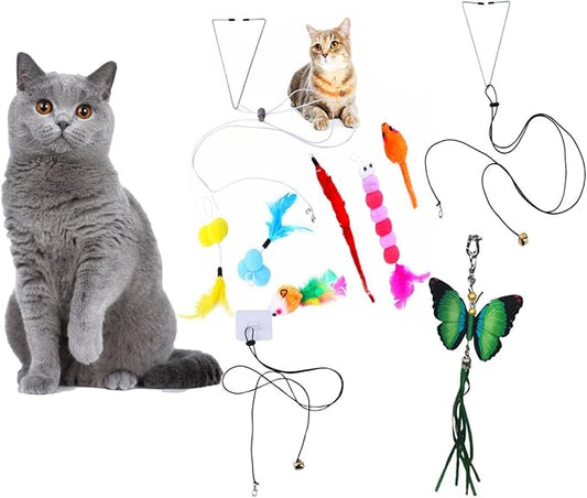 Interactive Cat Toys,Hanging Cat Toy Kits 10Pcs Cat Feather Toys Hanging Door Retractable Ropes,Upgraded Mouse Toys Set Kitten Play Teaser for Cat Jump Exercise (10Pcs)