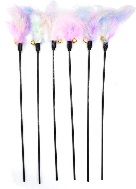 IUHKBH Cat Feather Toys, Interactive Cat Wand Toys Cat Teaser with Jingle Bell - 18'' Long Feather Wand for Cat and Kitten (6 Pcs)