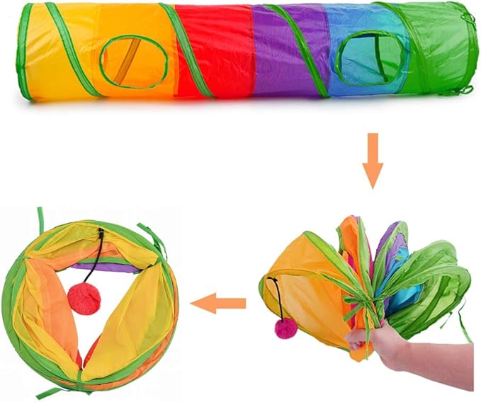 Andiker Cat Tunnel, Cat Tubes for Indoor Cats Collapsible Cat Play Toy for Puzzle Exercising Hiding Training and Running with a Red Fun Ball and 2 Holes (25&120cm) (Colorful)