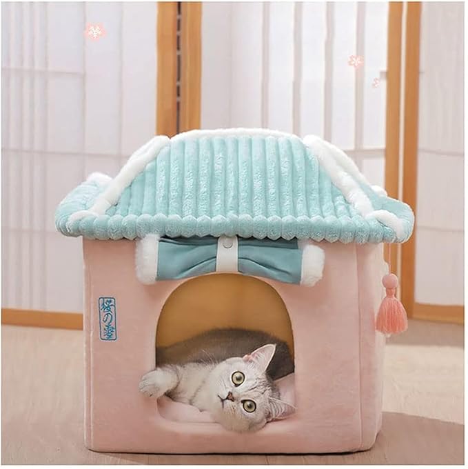Cute Cat House,Pink Cat House with Rolled Door Curtain,Closed Cat Cave/Dog House, Washable Cat Bed,Cozy Dog Tent (Pink House)