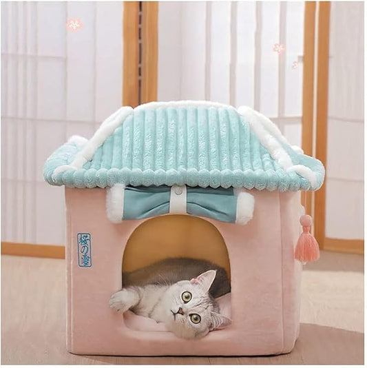 Cute Cat House,Pink Cat House with Rolled Door Curtain,Closed Cat Cave/Dog House, Washable Cat Bed,Cozy Dog Tent (Pink House)