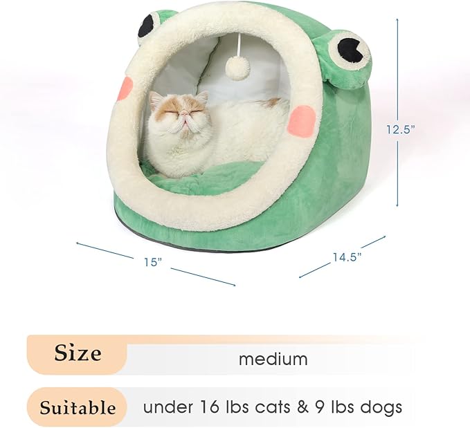 Jiupety Cute Cat Bed, Indoor Lovely Crystal Velvet Igloo for Cat and Small Dog, Warm Cave Sleeping Nest Bed for Puppy and Kitten, Green Frog, M.