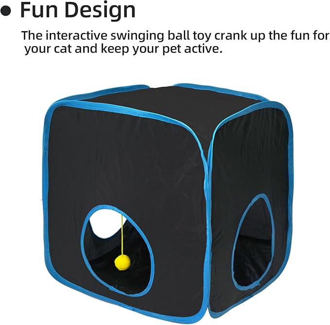 Cat Tunnels for Indoor Cats, Cat Tent, Cat Cube and Feather Cat Toy Collapsible Combo, with Interactive Cat Toy Ball, Cat Toy Set for Indoor Cat, Ferret, Guinea Pig, Rabbit, Bunny, Blue