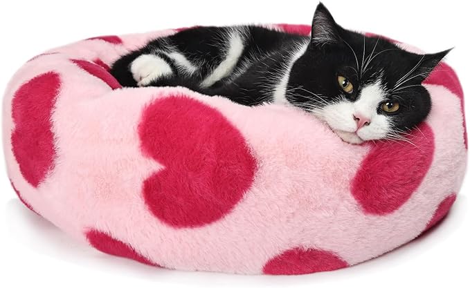 Small Cat Bed Washable Donut Cute with Sides Cat Beds Pink Heart for Girls Calming Orthopedic 20 Inch
